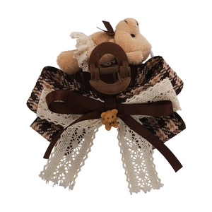 Plaid bow hair claw clip with plush bear doll and lace detail for women's hair styling