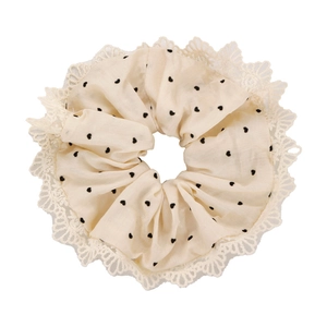 Elastico per capelli in raso beige con cuori neri e bordo in pizzo raffinato per donna