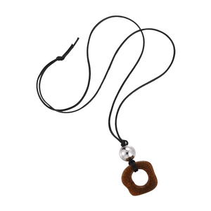 Retro camel bone ring pendant with polished silver beads and black woven cord necklace
