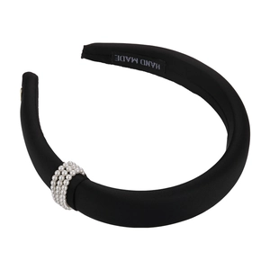 Elegant black satin padded headband for women decorated with triple rows of white pearls