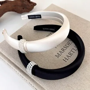 Padded Satin Headband With Faux Artificial Pearls Vintage French Style High Top Hair Accessory For Women Hand Made