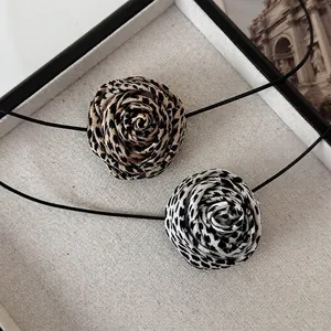 Leopard print rose flower choker necklace with black cord cord in brown and white styles