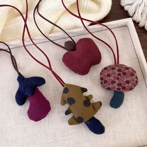 Cute Handmade Fabric Mushroom Eggplant Tree Pendant Necklace For Kids Forest Style Padded Cloth Jewelry Adjustable Cord