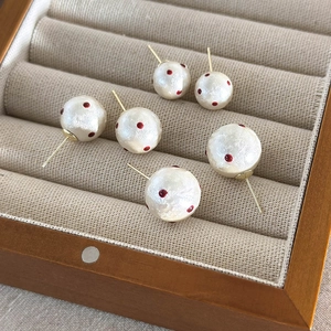 French style red polka dot cotton pearl studs on a gold metal base jewelry set