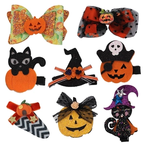 Halloween Hair Clips For Girls Kids Pumpkin Bat Cat Ghost Witch Hat Glitter Fabric Hair Pins Festival Party Accessories