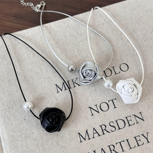 French style leather rose necklace with pearl pendant in black and white colors