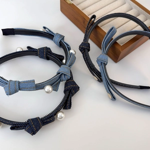 Denim bow headband with white pearls and non-slip teeth for women fashion hair accessories