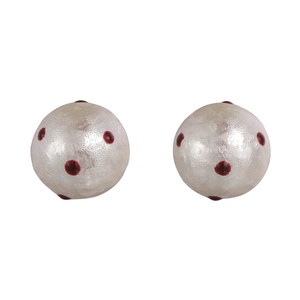French style red polka dot cotton pearl stud earrings with a matte silver finish