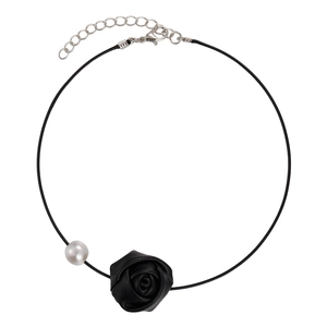 French style choker with black leather rose and white pearl on minimalist cord