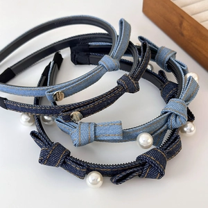 Women Denim Bow Headband Artificial Pearl Non Slip Hair Hoop Korean Sweet Blue Denim Hair Accessories For Daily Dating