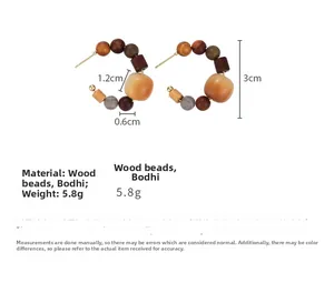Detailed size parameters and macro view of ethnic sandalwood C-shaped beaded earrings