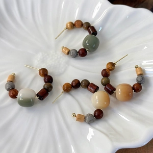 Ethnic retro sandal wood C-shape beaded earrings with natural stone and clay beads