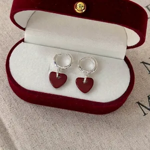 Vintage Dark Red Heart Dangle Hoop Earrings Copper Silver Plated Sweet Enamel Heart Earrings For Women Fashion Jewelry