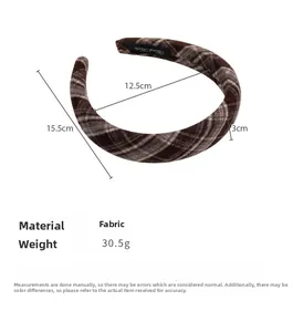 Detailed size measurement view of retro plaid fabric headband with dimensions and weight