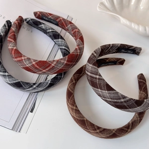 Set of four vintage plaid fabric headbands in red, grey, coffee and brown college style