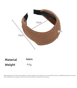 Detailed dimensions of wide vintage knitted headband in brown with 44g weight spec