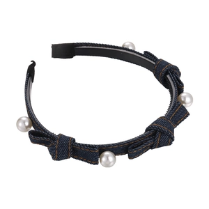 Denim blue bow headband with pearls and yellow stitching for women's elegant hair accessory
