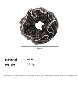 Detailed size specifications for a brown plaid fabric scrunchie with 16cm diameter