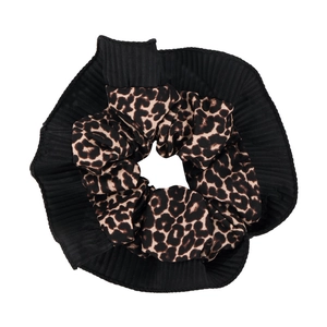 Fashionable leopard print and black pleated scrunchie with a vintage aesthetic look