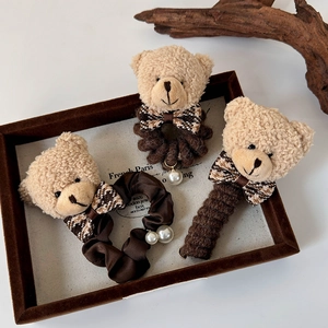 Lot d'élastiques à cheveux ours en peluche avec nœuds à carreaux et perles en velours