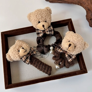 Lot de chouchous peluche ours avec nœud à carreaux et pendentif perle pour cheveux