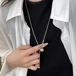 Collier Pendentif Boule en Acier Inoxydable Minimaliste Chaîne Serpent Réglable Argent Longue Chaîne de Pull pour Femme Bijoux Mode