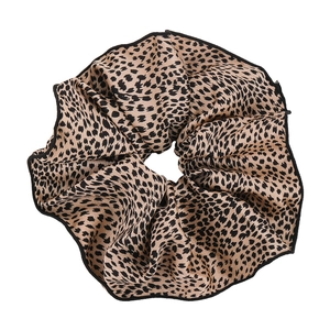 French vintage leopard print satin scrunchie with elegant black piping on white background