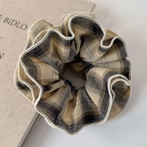 Vintage oversized double-layer checkered scrunchie in coffee brown with lace trim detail