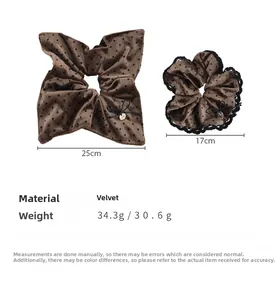 Detailed view of velvet polka dot scrunchie sizes showing dimensions of 25cm and 17cm