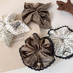 Polka dot velvet scrunchies with lace trim and bowknot details for elegant hair styling