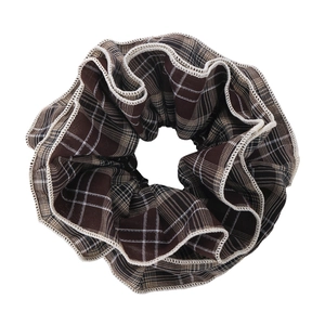 Vintage brown plaid oversized double-layered hair scrunchie with lace trim and cotton fabric