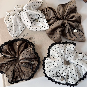 Retro Velvet Polka Dot Scrunchies For Women Large Hair Ties With Bowknot Lace Trim And Metal Charm Hair Accessories
