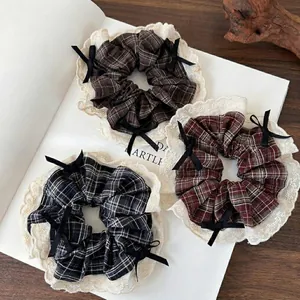 Vintage Plaid Lace Trim Scrunchie With Bow French Style British Retro Checkered Hair Tie Elastic Hair Band For Women Hair Accessories