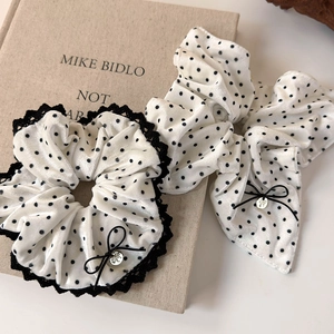 Polka dot velvet scrunchies set with black lace trim and bow pendant accessories
