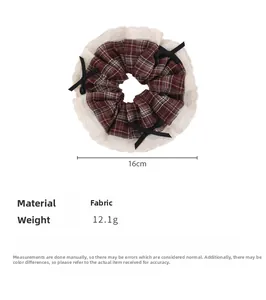 Detail showing vintage plaid hair scrunchie with lace trim, bows and size specifications