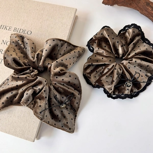 Mocha velvet polka dot scrunchies with lace trim and gold butterfly charms
