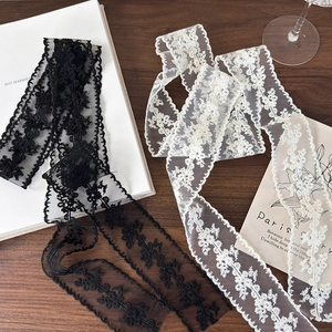 Elegant French style vintage lace hair ribbons with floral embroidery in black and white
