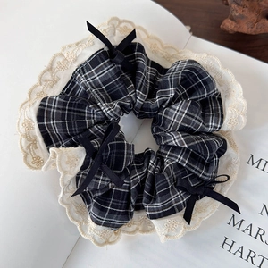 Vintage plaid scrunchie with cream lace trim and black decorative bows for women