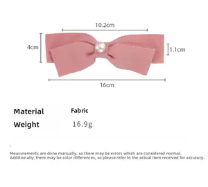 Detaillierte Größenkarte der rosa Stoffschleife mit Perle, 16 cm breit und 4 cm hoch