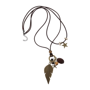 Bohemian style necklace with bronze leaf and starfish charms on brown leather cord