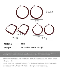 Three geometric dark red iron hoop earrings set including round and square shapes