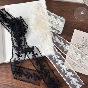 Macro view of vintage embroidered lace ribbons in black and beige floral patterns