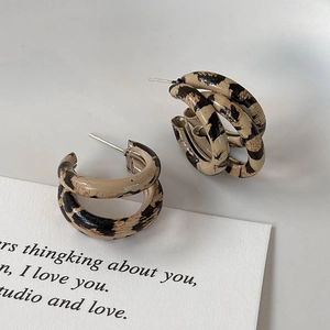 Detailed macro view of double-layered leopard print resin earrings on white background