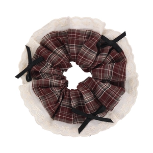 Vintage reddish-brown plaid scrunchie with white lace edges and black bows for hair accessories