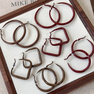 Coffee brown and burgundy geometric hoop earrings in round and square shapes