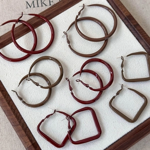 Brown and burgundy geometric hoop earrings set with polished finish in various sizes