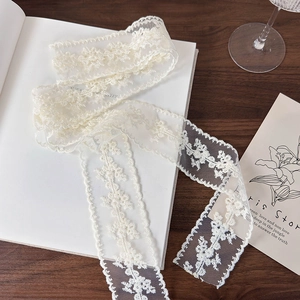Detailed macro view of vintage off-white floral embroidery lace trim on a white book