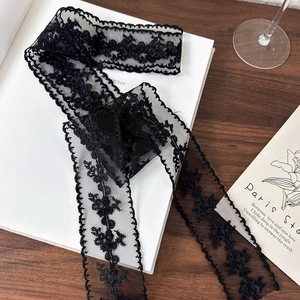 Detail of elegant black floral lace ribbon with embroidery on a vintage French background