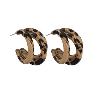 Detail of leopard print double hoop earrings with polished resin texture and metal pins