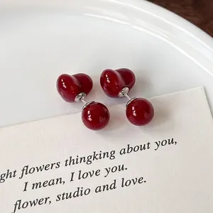 Elegant cherry red heart and ball double-sided stud earrings for women in autumn